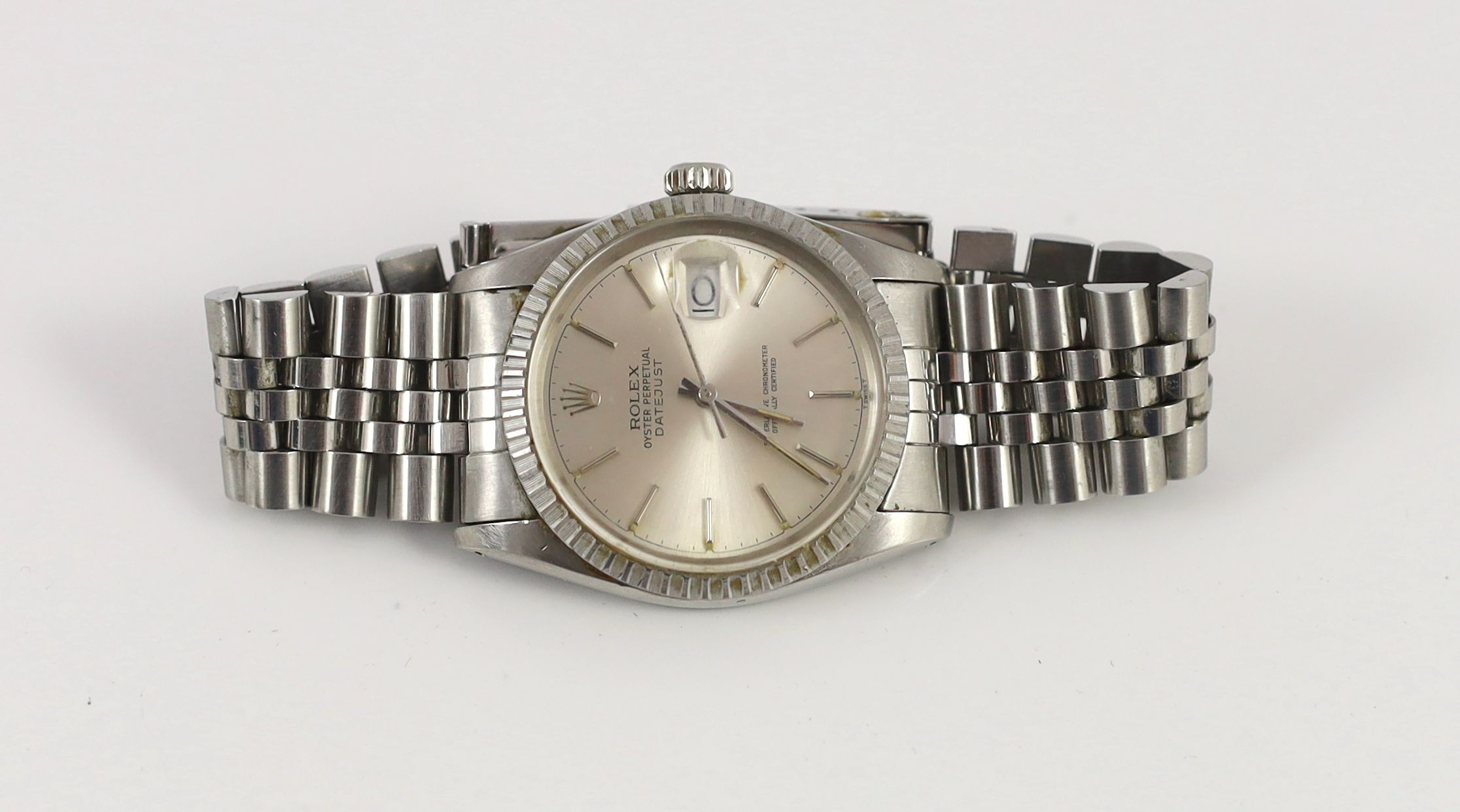A gentleman's mid 1980's stainless steel Rolex Oyster Perpetual Datejust wrist watch, on a stainless steel Rolex bracelet